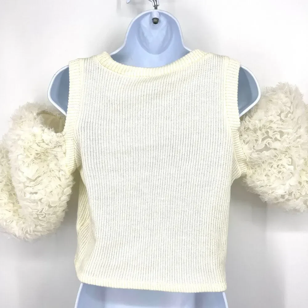 Zara Puff Cut Out Sleeve Crop Top Cream Size M NWOT